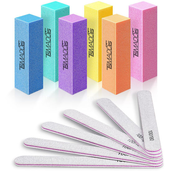 Picture of Nail Files and Buffer, TsMADDTs Professional Manicure Tools Kit Rectangular Art Care Buffer Block Tools 100/180 Grit 12Pcs/Pa(White)