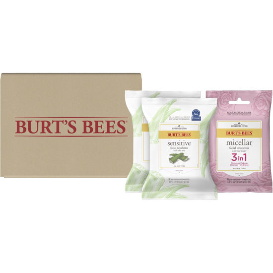 Picture of Burt's Bees Face Wipes, Makeup Remover Facial Cleansing Towelettes for All Skin Types, Sensitive Wipes with Aloe Vera (60 Count) & Travel Micellar Wipes with Rose Water (10 Count) (70 Total Wipes)