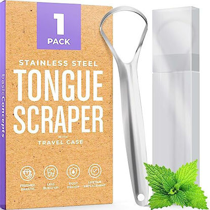 Picture of BASIC CONCEPTS Metal Tongue Scraper, Reduce Bad Breath in Seconds, Stainless Steel Tongue Cleaners for Adults, Metal Tounge Scrubber, Tongue Scraper Cleaner for Fresh Breath Tongue Brush (One Pack)