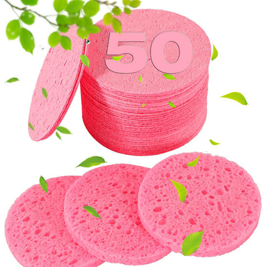 Picture of 50-Count Compressed Facial Sponges for Estheticians- 100% Natural Cellulose Professional Cosmetic Spa Sponges for Face Cleansing, Massage, Pore Exfoliating, Mask, Makeup Removal (Pink)