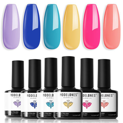 Picture of Modelones Gel Nail Polish Set - Summer 6 Colors Neon Bright Hot Pink Royal Blue Purple Turquoise Peaches Coral Yellow Nail Gel Kit Soak Off Nail Art Design Manicure DIY at Home Salon Gifts for Women Girls