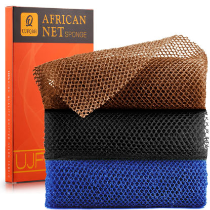 Picture of 3 Pieces African Bath Sponge African Net Long Net Bath Sponge Exfoliating Shower Body Scrubber Back Scrubber Skin Smoother,Great for Daily Use (Black、Blue、Brown)