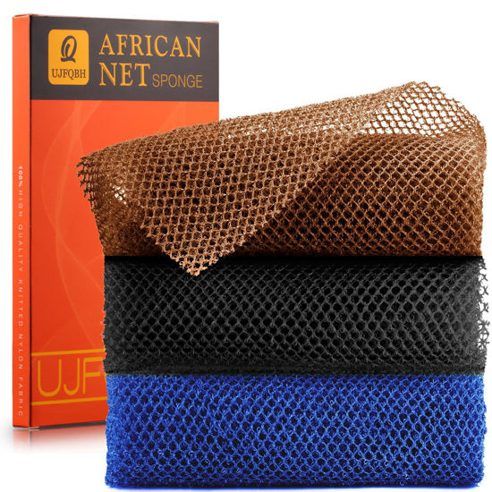 Picture of 3 Pieces African Bath Sponge African Net Long Net Bath Sponge Exfoliating Shower Body Scrubber Back Scrubber Skin Smoother,Great for Daily Use (Black、Blue、Brown)