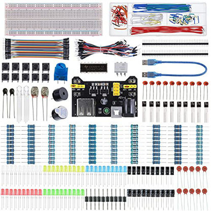 Picture of BOJACK 37 Values 480 Pcs Electronics Component Fun Kit with Power Supply Module, Jumper Wire,Precision Potentiometer,830 tie-Points Breadboard Compatible with STM32,Raspberry Pi,Arduino