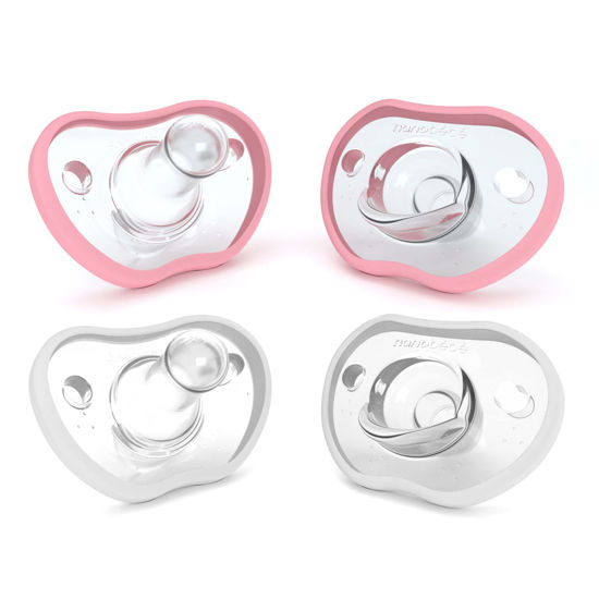 Picture of Nanobebe Baby Pacifiers 0-3 Month - Orthodontic, Curves Comfortably with Face Contour, Award Winning for Breastfeeding Babies, 100% Silicone - BPA Free. Baby Registry Gift 4pk,Pink/White