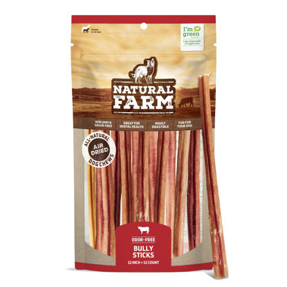 Picture of Natural Farm Odor-Free Bully Sticks (12 Inch, 12 Pack), 1.2 lbs. Per Bag, 100% Beef Pizzle Chews, Grass-Fed, Non-GMO, Fully Digestible Long Lasting Best Dental Treats to Keep Your Dogs Busy