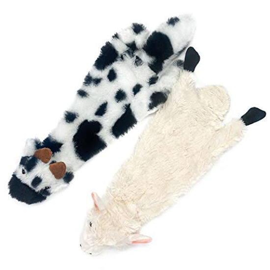 Picture of Best Pet Supplies 2-in-1 Stuffless Squeaky Dog Toys with Soft, Durable Fabric for Small, Medium, and Large Pets, No Stuffing for Indoor Play, Holds a Plastic Bottle - Sheep, Cow, Medium