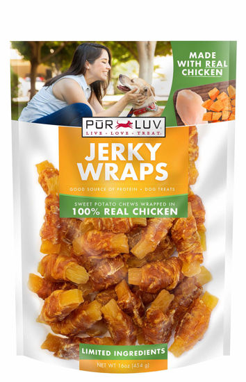 Picture of Pur Luv Chicken and Sweet Potato Jerky Wraps, Rawhide Free, Made with Real Chicken and Sweet Potato, Healthy, Easily Digestible, Long Lasting, and High Protein Dog Treat, 16 oz, Brown