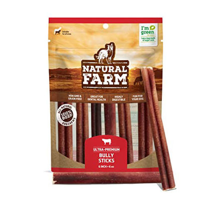 Picture of Natural Farm Odor-Free Bully Sticks (6 Inch, 6 Ounces), Packaged by Weight, 100% Beef Chews, Grass-Fed, Fully Digestible Treats to Keep Your Puppies, Small and Medium Dogs Busy