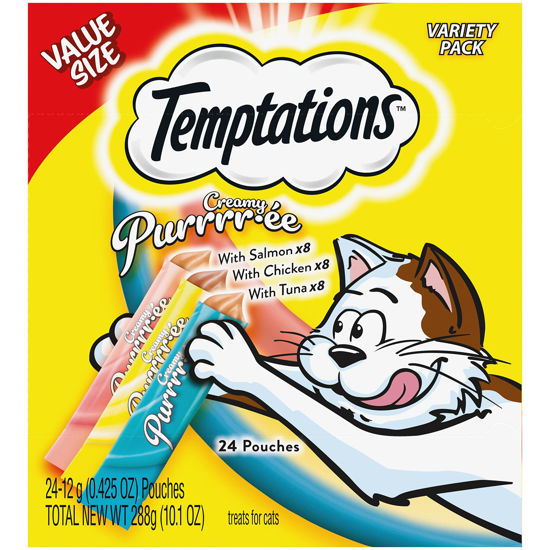 Picture of Temptations Creamy Puree with Chicken, Salmon, and Tuna, Variety Pack of Lickable Cat Treats, 0.42 oz Pouches, 24 Count