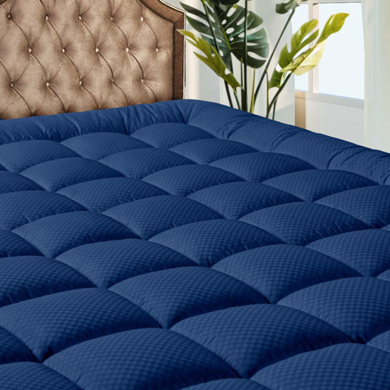 Picture of MATBEBY Bedding Quilted Fitted Twin XL Mattress Pad Cooling Breathable Fluffy Soft Mattress Pad Stretches up to 21 Inch Deep, Twin XL Size, Navy Blue, Mattress Topper Mattress Protector