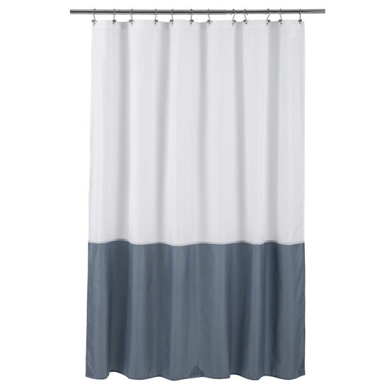 Picture of ALYVIA SPRING Waterproof Fabric Shower Curtain Liner - Soft & Light-Weight Cloth Shower Liner, 3 Bottom Magnets, Hotel Quality & Machine Washable - Standard Size 72x72, White and Stone Blue