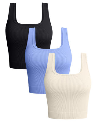 Picture of OQQ Women's 3 Piece Tank Shirt Ribbed Seamless Workout Exercise Yoga Crop, Black Skyblue Beige, Small