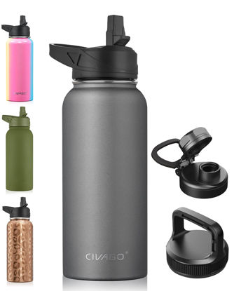 Picture of CIVAGO 32 oz Insulated Water Bottle With Straw, Stainless Steel Sports Water Cup Flask with 3 Lids (Straw, Spout and Handle Lid), Wide Mouth Travel Thermal Mug, Cool Gray