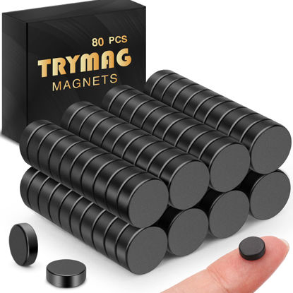 Picture of TRYMAG Small Magnets, Small Neodymium Disc Magnets, 80 Pcs Strong Rare Earth Magnets Tiny Black Round Button Magnets for Fridge, Whiteboard, Billboard, Hobbies, Office