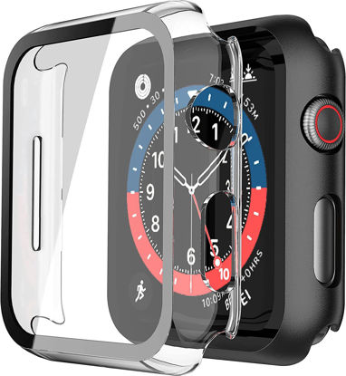 Picture of Misxi 2 Pack PC Case with Tempered Glass Screen Protector Compatible with Apple Watch Series 6 SE Series 5 Series 4 44mm, Overall Shockproof Protective Cover for iWatch, 1 Black + 1 Transparent