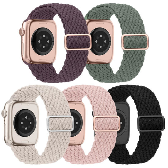 Picture of EOMTAM 5 Pack Braided Stretchy Adjustable Straps Compatible for Apple Watch Band 38mm 40mm 41mm 42mm 44mm 45mm 49mm for Women Men ,Sport Elastic Nylon Cloth Wristbands for iWatch Series Ultra 8 SE 7 6 5 4 3(Starlight,38)