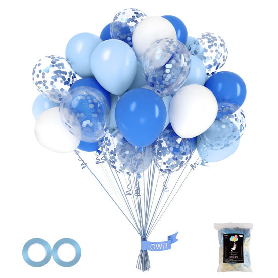 Picture of OWill 100pcs Balloons Royal Blue Confetti 12 Inches Blue Latex Balloons, Light Blue Baby Blue and White Party Balloons for Birthday Baby Shower Wedding Party Supplies Arch Garland Decoration