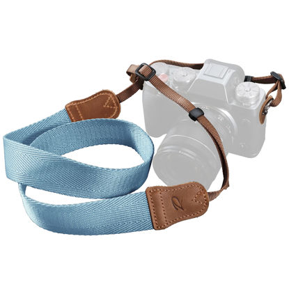 Picture of Light Blue Camera Strap - Double Layer top-grain Cowhide Ends,1.5"Wide Pure Cotton Woven Camera Strap,Adjustable Universal Neck & Shoulder Strap for All DSLR Cameras,Great Gift for Photographers