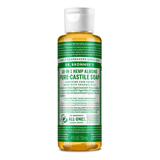 Picture of Dr. Bronner’s - Pure-Castile Liquid Soap (Almond, 4 ounce) - Made with Organic Oils, 18-in-1 Uses: Face, Body, Hair, Laundry, Pets and Dishes, Concentrated, Vegan, Non-GMO