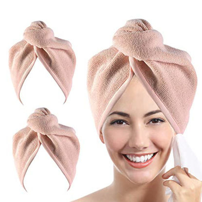 Picture of YoulerTex Microfiber Hair Towel Wrap for Women, 2 Pack 10 inch X 26 inch, Super Absorbent Quick Dry Hair Turban for Drying Curly, Long & Thick Hair (Peachy Beige)