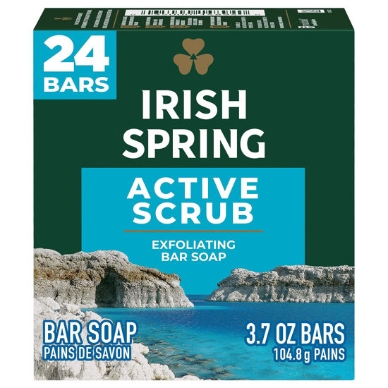 Picture of Irish Spring Active Scrub Mens Bar Soap, Men's Exfoliating Bar Soap, Smell Fresh and Clean for 12 Hours, Men Soap Bars for Washing Hands and Body, Recyclable Carton, 24 Pack, 3.7 Oz Soap Bars