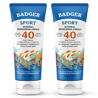 Picture of Badger Reef Safe Sunscreen, SPF 40 Sport Mineral Sunscreen, 98% Organic Sunscreen Ingredients, Broad Spectrum, Water Resistant, Zinc Oxide Sunscreen, Unscented, 2.9 fl oz (2 Pack)