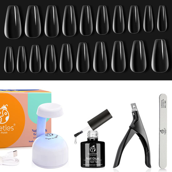 Picture of Beetles Gel Nail Kit Easy Nail Extension Set 5 In 1 Nail Glue Gel Base Coat with Pre shaped Medium Coffin Soft Gel Nail Tips and Led Nail Lamp Acrylic Nail Clipper for Nail Art Diy Home Manicure