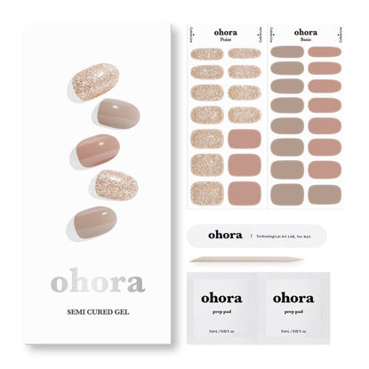 Picture of ohora Semi Cured Gel Nail Strips (N Carmel) - Works with Any Nail Lamps, Salon-Quality, Long Lasting, Easy to Apply & Remove - Includes 2 Prep Pads, Nail File & Wooden Stick