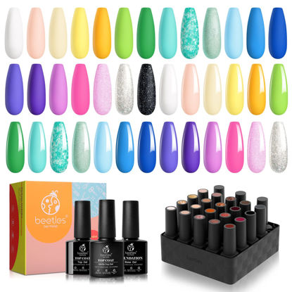 Picture of Beetles 20Pcs Gel Nail Polish Kit with Base Top Coat Gift for girls, Summer Paradise Gel Polish Pastel Neon Yellow Green Blue Pink Glitter Soak off Gel Kit