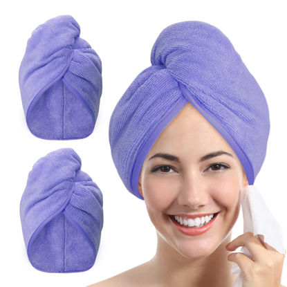 Picture of YoulerTex Microfiber Hair Towel Wrap - 2Pack Hair Head Drying Turban Curly Fast Absorbent Dry Anti Frizz Twist Plopping Long Shower Turban for Women with Button (Lilac Purple)