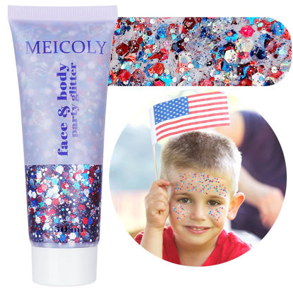 Picture of MEICOLY USA Flag Pride Body Glitter,Sparkling 4th of July Face Glitter,Celebration Sequins Glitter Face Paint USA Glitter for Body,Red Blue White Chunky Glitter Accessories for Eye Lip Hair,50ml