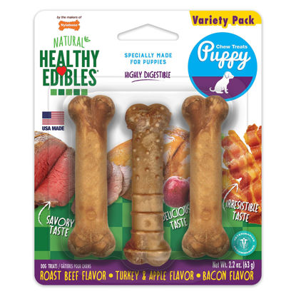 Picture of Nylabone Healthy Edibles Natural Puppy Treats Variety Pack - Puppy Supplies - Roast Beef, Bacon, Turkey & Apple Flavors, X-Small/Petite (3 Count)