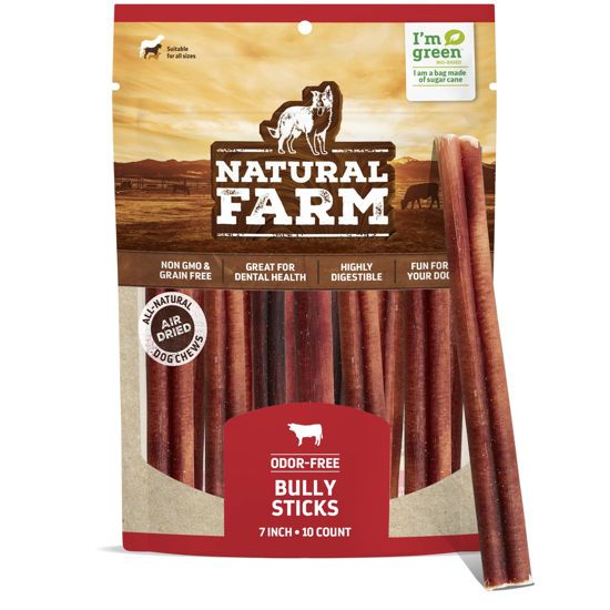 Picture of Natural Farm Odor Free Bully Sticks (7 Inch, 10 Pack), 100% Beef Pizzle Chews for Pups, Small and Medium Dogs - Fully Digestible & Best Natural Dental Treats to Keep Your Dog Busy & Happy