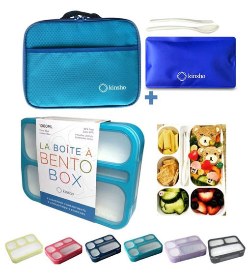 Picture of Bento-Box with Bag and Ice Pack Set. Lunch Boxes Snack Containers for Kids Boys Girls Adults. 6 Compartments, Leakproof Portion Container Boxes Insulated Bags for School Lunches, Blue