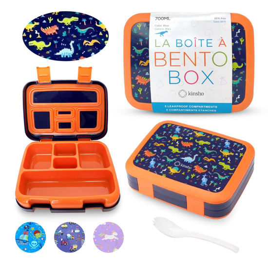 Picture of Dinosaur Bento Lunch Box for Boys Toddlers, 5 Portion Sections Secure Lid, Microwave Safe BPA Free Removable Plastic Tray, Pre-School Kid Daycare Lunches Snack Container Ages 3 to 7 Blue Orange