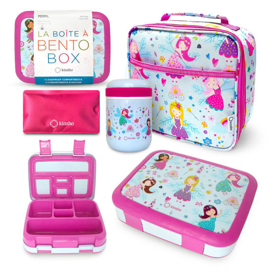 Picture of kinsho Fairy Lunch Box with Thermos, Matching Bag and Ice Pack Set for Girls, Kids Bento Box wtih 5 Compartments, Lunch Bag, Food Jar Set, Pink Fairy Princess