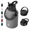 Picture of BJPKPK Insulated Water Bottles with Straw Lid,50oz Large Water Bottle,Stainless Steel Vacuum Water Bottle,Hot & Cold Insulated Water Bottles with 3 Lids and Paracord Handle,Gray