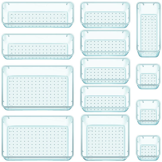 Picture of WOWBOX 13 PCS Plastic Drawer Organizer Set, 5 Sizes Desk Drawer Divider Organizers and Storage Bins for Makeup, Jewelry, Gadgets for Kitchen, Bedroom, Bathroom, Office