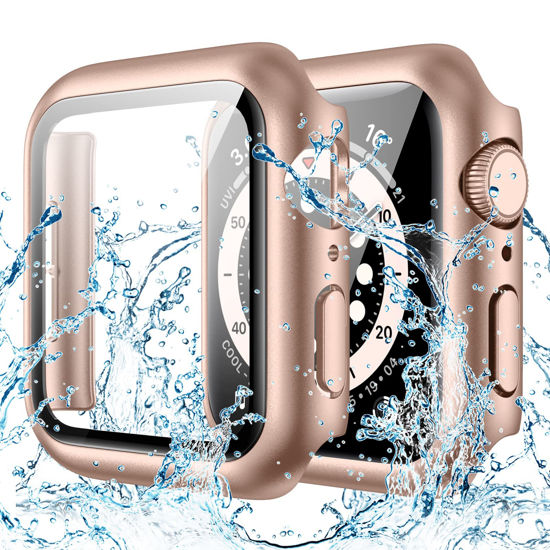 Picture of Goton Waterproof Case for Apple Watch 44mm SE (2nd Gen) Series 6 5 4 with Tempered Glass Screen Protector, iWatch Full Protective Hard PC Bumper Case Face Cover for Men Women 44 mm Original Rose Gold