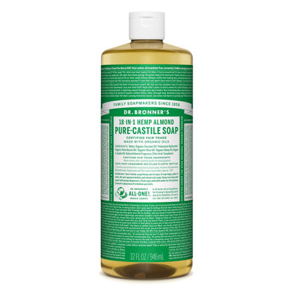 Picture of Dr. Bronner’s - Pure-Castile Liquid Soap (Almond, 32 ounce) - Made with Organic Oils, 18-in-1 Uses: Face, Body, Hair, Laundry, Pets and Dishes, Concentrated, Vegan, Non-GMO