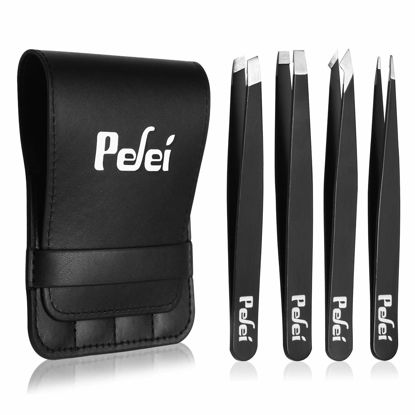 Picture of Pefei Tweezers Set - Professional Stainless Steel Tweezers for Eyebrows - Great Precision for Facial Hair, Splinter and Ingrown Hair Removal (Black)