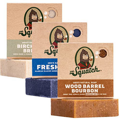 Picture of Dr. Squatch Men's Natural Bar Soap from Moisturizing Soap Made from Natural Oils - Cold Process Soap with No Harsh Chemicals - Wood Barrel Bourbon, Fresh Falls, Birchwood Breeze (3 Pack)