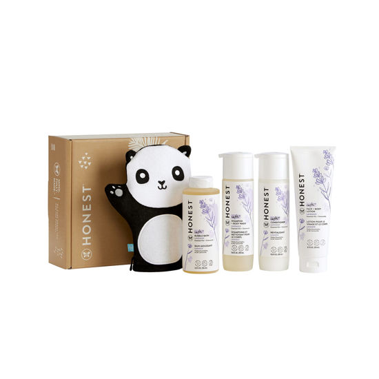 Picture of The Honest Company Lavender Bathtime Essentials Bundle | Shampoo + Body Wash, Conditioner, Face + Body Lotion, Bubble Bath, Panda Bath Mitt | Naturally Derived, Tear-free, Hypoallergenic