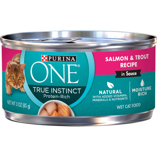 Picture of Purina ONE Natural, High Protein Cat Food, True Instinct Salmon and Trout Recipe in Sauce - (24) 3 oz. Pull-Top Cans