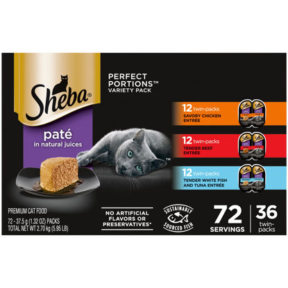 Picture of SHEBA PERFECT PORTIONS Paté Wet Cat Food Trays (36 Count, 72 Servings), Savory Chicken, Tender Beef, Tender Whitefish & Tuna Entrée, Easy Peel Twin-Pack Trays