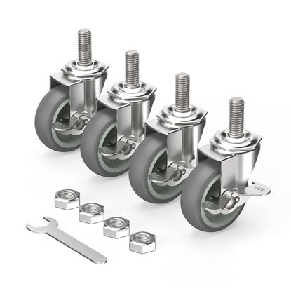 Picture of HOLKIE Caster Wheels 3 inch Locking Stem Casters, 1/2" -13 x 1-1/2" (Stem Diameter 1/2", Stem Length 1-1/2") Threaded Stem Casters Swivel Casters Set of 4 Heavy Duty Castors Gray