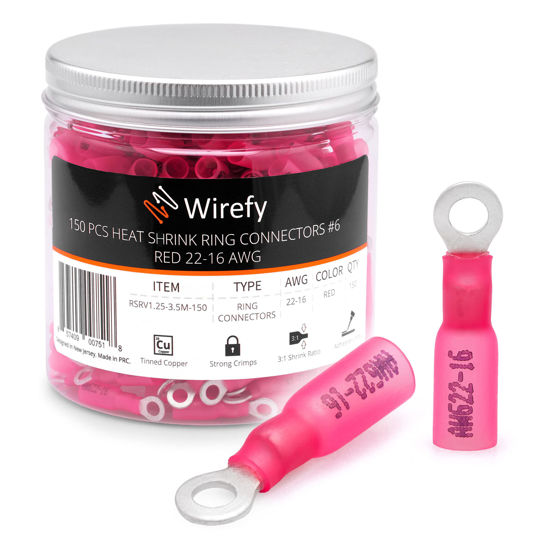 Picture of Wirefy 150 PCS Heat Shrink Ring Terminals #6 - Marine Grade Ring Connectors - Eyelet Wire Connectors - Red 22-16 AWG