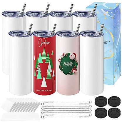 Hiipoo 4 Pack Sublimation Tumblers Bulk 20 oz Skinny, Stainless Steel  Double Wall Insulated Straight Sublimation Blanks tumbler Blank White with  4 Lids, 4 Straws and Brushes,5 Shrink Wrap Films 