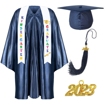 Picture of Foaincore 2023 Year Preschool and Kindergarten Graduation Gown Cap Tassel Set with 2023 Charm Printed Stole for Kid Grad Gift (Navy Blue, 27)